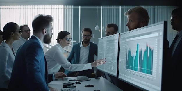 a group of professionals is gathered in a spacious office room intently studying a market chart