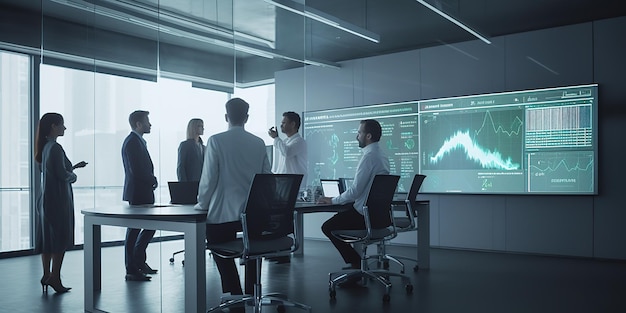 a group of professionals is gathered in a spacious office room intently studying a market chart