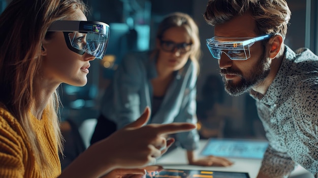 Photo a group of professionals in a modern office using touchscreen devices and augmented reality glasses to collaborate on a project the scene represents the future of work and digital transformation