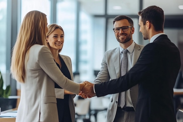 A group of professionals shaking hands in a modern