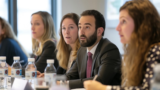 A group of professionals sit attentively during a business meeting in a modern office setting They listen intently as a presenter shares insights