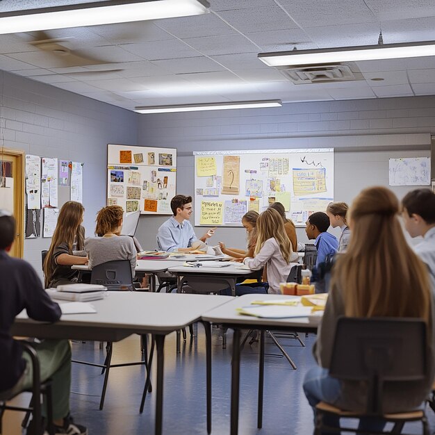 Photo group project collaboration students working together in classroom