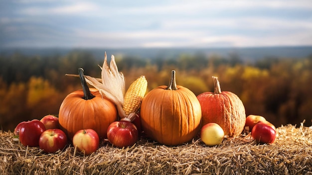 a group of pumpkins apples and corn are on a hay field