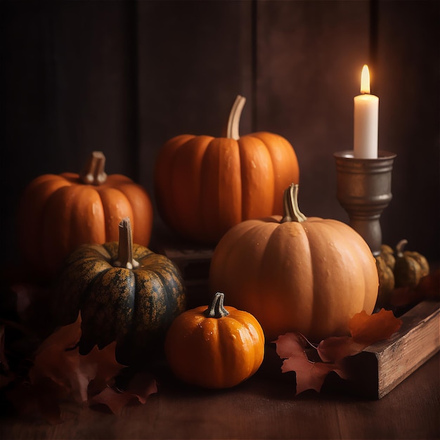 A group of pumpkins are on a table with a candle.