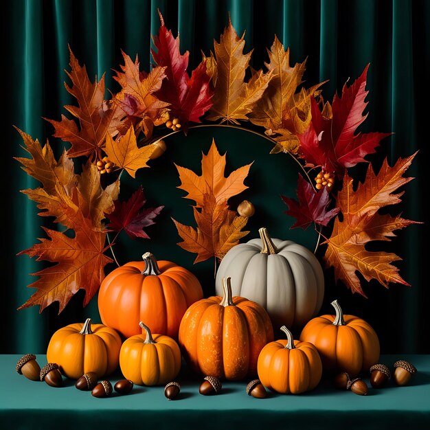 Photo a group of pumpkins are on a table with a sign that says  pumpkin