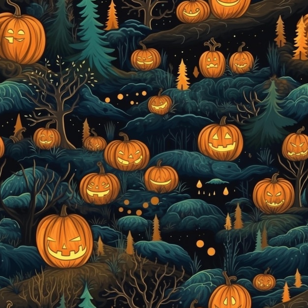 A group of pumpkins are in the woods at night generative ai