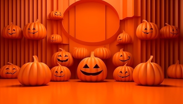 A group of pumpkins in a room with a large circle of pumpkins.