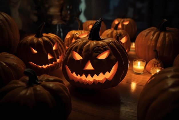 A group of pumpkins sit on a table in a dark room.