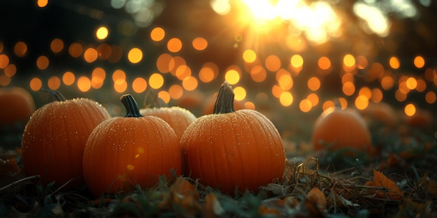 A group of pumpkins sits on top of a grasscovered field forming a festive display