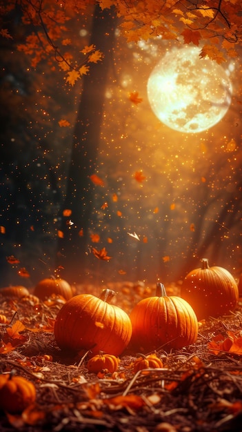 A group of pumpkins sitting on top of a field during a harvest moonlit night in the pumpkin patch