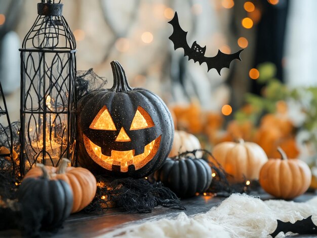 Photo a group of pumpkins sitting on top of a table