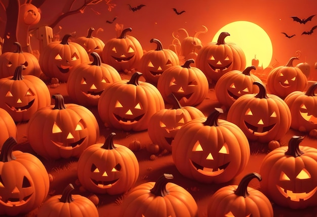 a group of pumpkins with bats flying around them