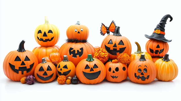 A group of pumpkins with different facial expressions some wearing hats or butterflies with small orange and purple flowers in front of them