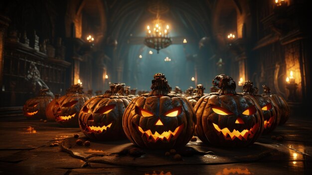 a group of pumpkins with lights in the background