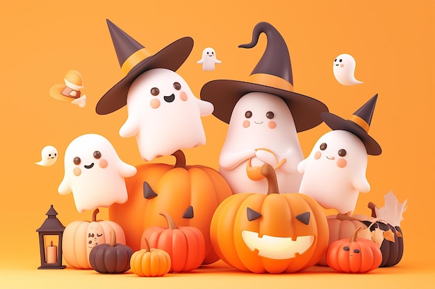 a group of pumpkins with a little ghost on them and a little bird in the middle