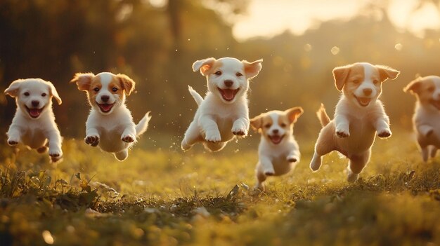 Photo a group of puppies are running in a field