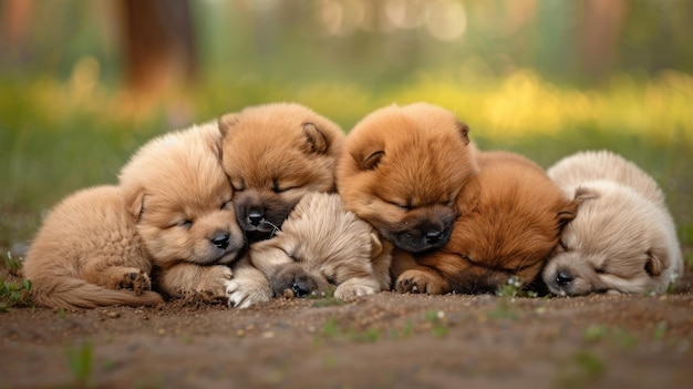 Photo a group of puppies are sleeping on a rock fluffy puppies piled together for a nap