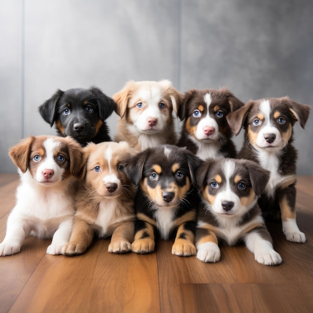 a group of puppies are on a wooden floor