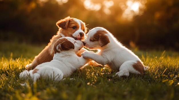 Photo a group of puppies playing in the grass