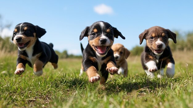 Photo a group of puppies running in a field with one of them has a big smile