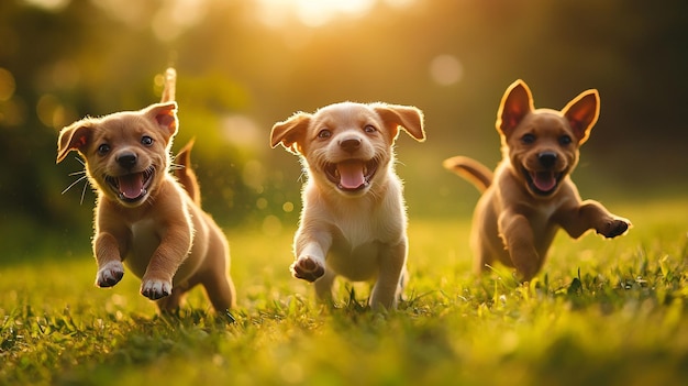 a group of puppies running in a field with the sun behind them