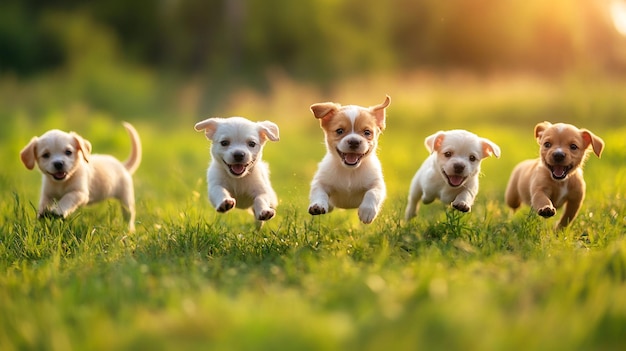 a group of puppies running in the grass with the sun behind them