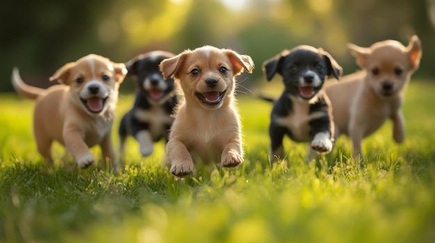 a group of puppies running in the grass with the words happy on the bottom