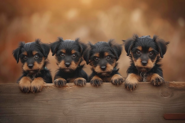 Photo a group of puppies on a wooden sign