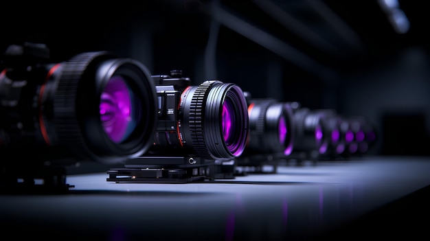 group of purple camera lined up on a table