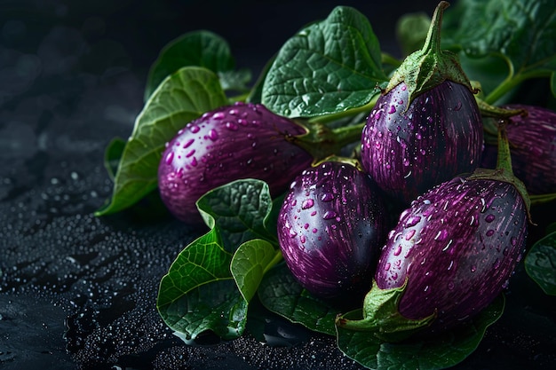 a group of purple eggplants with leaves