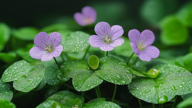 A group of purple flowers are surrounded by green leaves