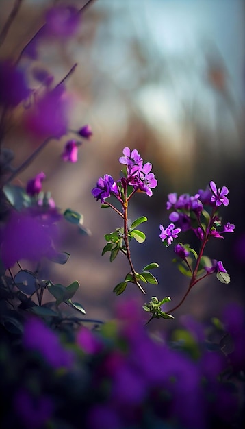 Group of purple flowers sitting on top of a lush green field generative ai