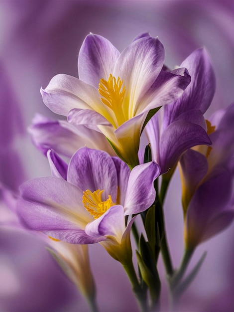 a group of purple flowers with yellow centers