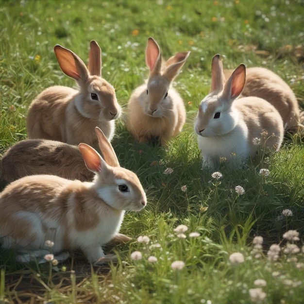 a group of rabbits are sitting in the grass one of which is called bunny rabbit