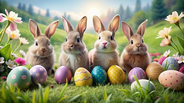 a group of rabbits are sitting in the grass with easter eggs