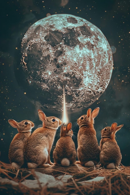 A group of rabbits in a transparent moon base watching a comet zoom past