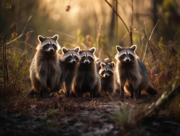 Group of Raccoon in natural habitat generative AI