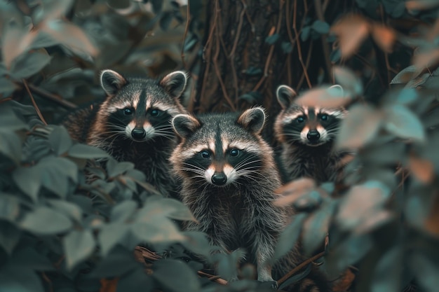 A group of raccoons standing in a forest