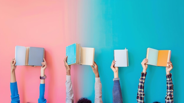 Photo group of raised people hands holding books isolated against the colorful background generative ai