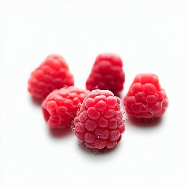 A group of raspberries are on a white background.