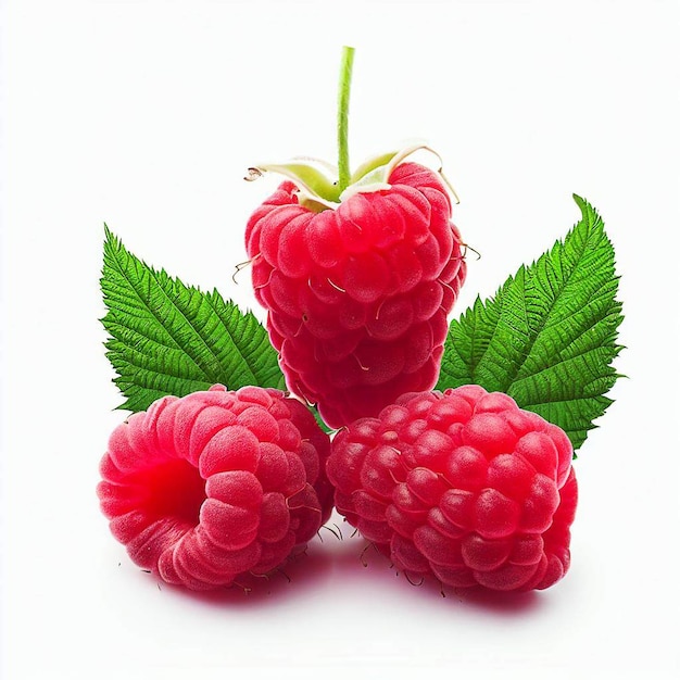 A group of raspberries with one that has a green leaf on it.