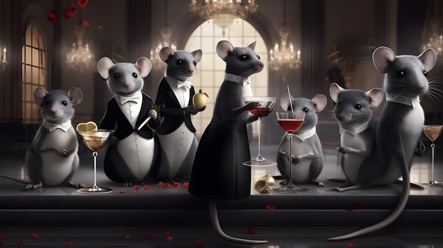 A group of rats at a dinner table