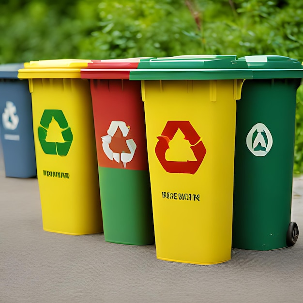 a group of recycling bins with one that says  recycle  on the bottom