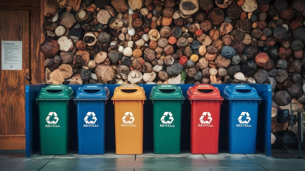 a group of recycling bins with one that says recycle