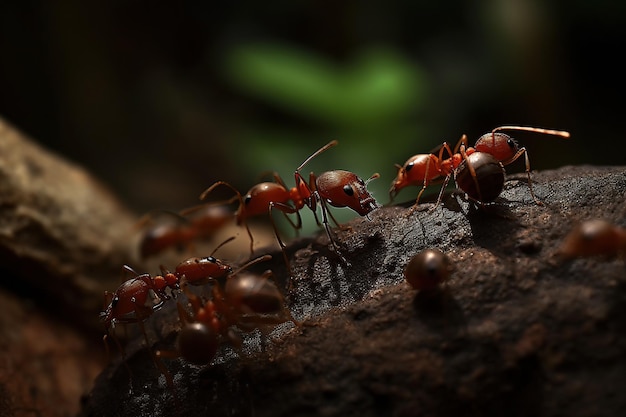 A group of red ants are on a branch.