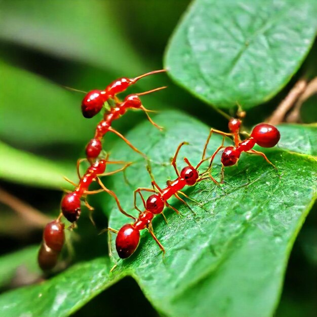 a group of red ants are on a green leaf