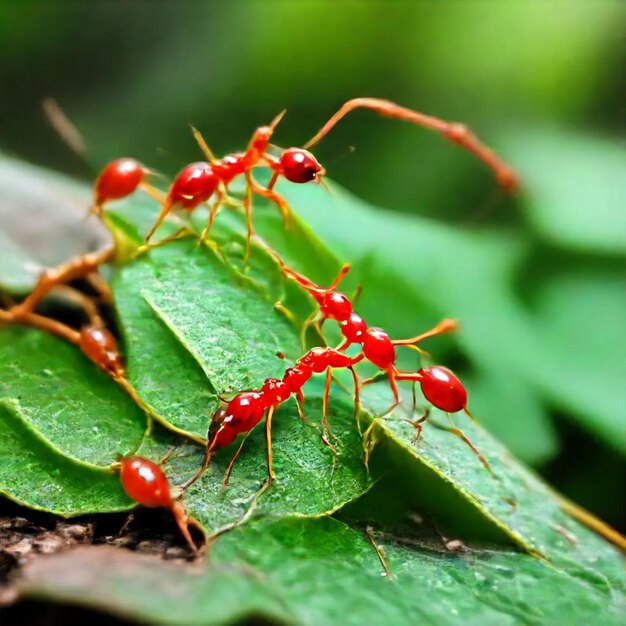 a group of red ants are on a leaf with green leaves