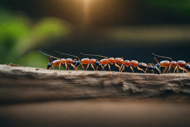 a group of red and black ants are on a branch