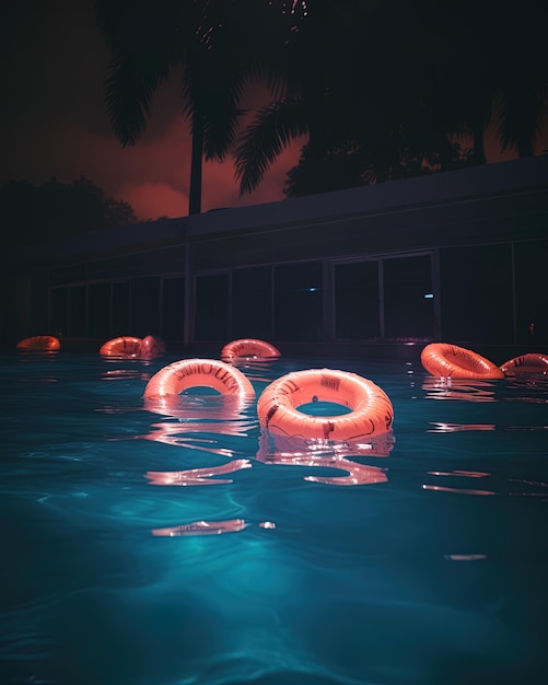 Photo a group of red buoys floating in a pool with palm trees in the background.