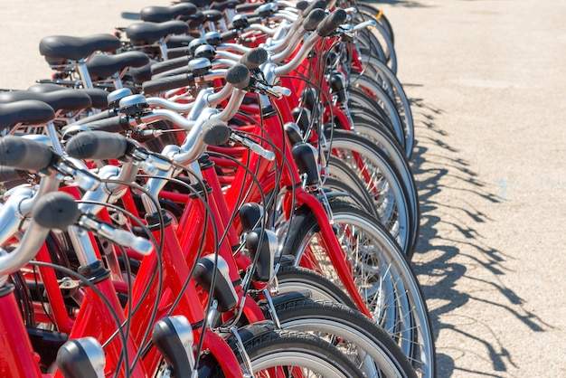 Photo group of red city bicycles parking on the street